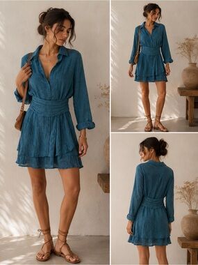 ATOIR Bondi Dress Teal Linen Blend Wrap Shirt Dress US 4